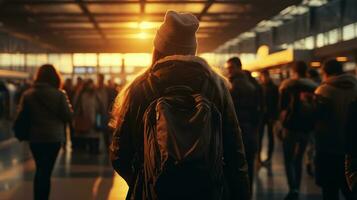 une groupe de les passagers attendre dans aéroport dans de face de le Départ porte avec le lever du soleil lumière à venir dans. Voyage et aventure concept. génératif ai photo