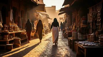 le coucher du soleil splendeur. une périple par le vibrant marocain souks. génératif ai photo