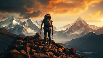 fait écho de réalisation. silhouette de une explorateur randonneur sur le Haut de incroyable Montagne. génératif ai photo