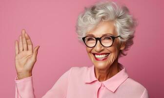 de bonne humeur Sénior femme agitant avec une sourire. ai génératif. photo