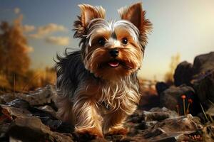 Yorkshire terrier chiot. fermer portrait, contre le Contexte de la nature. ai art photo