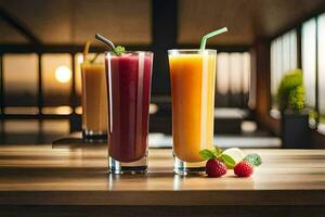 deux des lunettes de jus avec fruit et baies. généré par ai photo