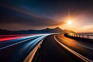 une longue exposition photographier de une Autoroute à le coucher du soleil. généré par ai photo