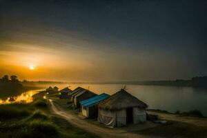 une rivière et certains huttes à le coucher du soleil. généré par ai photo