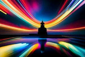 une phare dans le foncé avec coloré lumière les sentiers. généré par ai photo