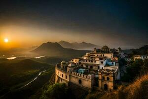 le Soleil ensembles plus de une Château sur Haut de une Montagne. généré par ai photo