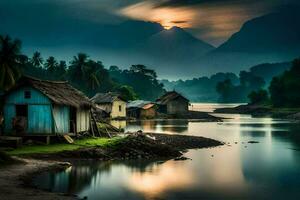 une petit village est assis sur le rive de une rivière. généré par ai photo