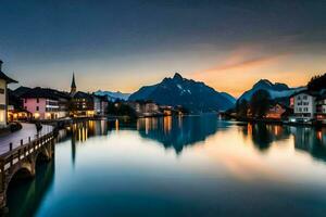 le Soleil ensembles plus de le ville de Lucerne, Suisse. généré par ai photo