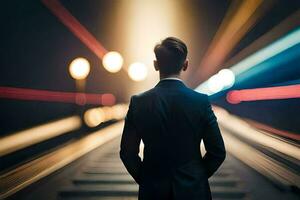 une homme dans une costume permanent sur une train piste. généré par ai photo