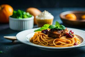 spaghetti avec Viande et des légumes sur une plaque. généré par ai photo