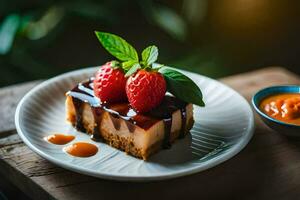 une pièce de cheesecake avec des fraises sur une plaque. généré par ai photo