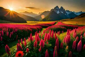 le Soleil monte plus de une champ de rose fleurs dans le montagnes. généré par ai photo