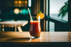 une verre de Orange jus sur une en bois tableau. généré par ai photo