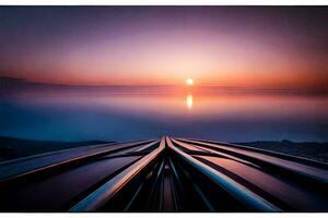 une bateau est séance sur le l'eau à le coucher du soleil. généré par ai photo