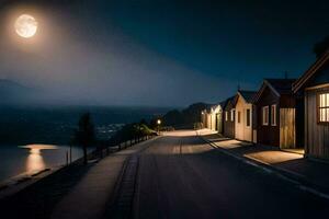 une rue avec Maisons et une plein lune. généré par ai photo