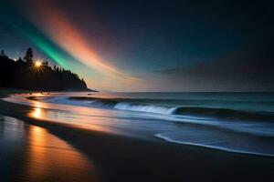 une coloré aurore lumières en haut le ciel plus de une plage. généré par ai photo