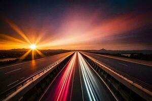 une longue exposition photographier de une Autoroute à le coucher du soleil. généré par ai photo