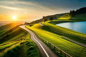 le Soleil ensembles plus de une enroulement route dans le montagnes. généré par ai photo