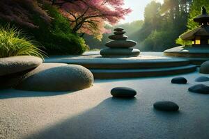 une Japonais jardin avec des pierres et une pagode. généré par ai photo