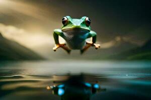 une grenouille est sauter en dehors de le l'eau. généré par ai photo