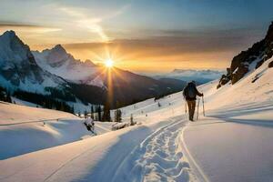 une homme randonnée dans le neige à le coucher du soleil. généré par ai photo