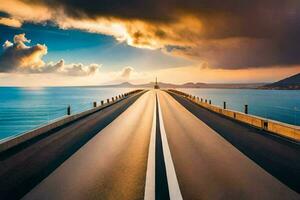 une longue pont avec une le coucher du soleil dans le Contexte. généré par ai photo