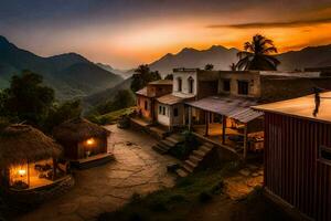 une le coucher du soleil plus de une village dans le montagnes. généré par ai photo