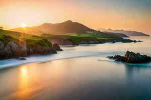 le Soleil ensembles plus de le océan et montagnes. généré par ai photo