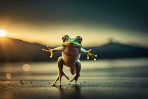 une grenouille est permanent sur ses de derrière jambes dans le Soleil. généré par ai photo