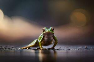 une grenouille séance sur le sol avec floue lumières derrière il. généré par ai photo