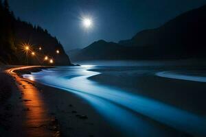 une éclairé par la lune plage avec une voiture conduite le long de le rive. généré par ai photo