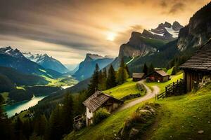 le Soleil ensembles plus de le montagnes et le route à le chalet. généré par ai photo