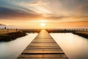 une en bois pont plus de le océan à le coucher du soleil. généré par ai photo