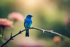 une bleu oiseau est assis sur une branche dans de face de fleurs. généré par ai photo