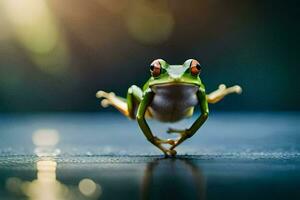 une grenouille est permanent sur ses de derrière jambes. généré par ai photo