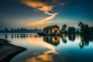 une maison sur le l'eau à le coucher du soleil. généré par ai photo