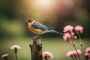 une bleu et blanc oiseau est perché sur une en bois poste. généré par ai photo