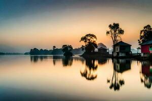 une Lac avec Maisons et des arbres à le coucher du soleil. généré par ai photo