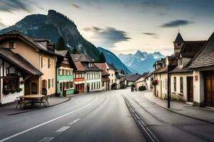 une rue dans une petit ville avec montagnes dans le Contexte. généré par ai photo
