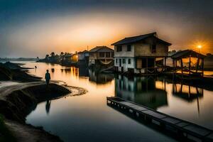 une homme des stands sur une Dock à la recherche à une rivière à le coucher du soleil. généré par ai photo