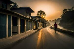 une homme en marchant vers le bas une route à le coucher du soleil. généré par ai photo