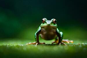 une grenouille est séance sur le herbe dans de face de une vert Contexte. généré par ai photo