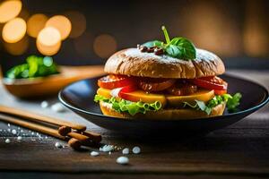 une Hamburger avec tomates et fromage sur une noir plaque. généré par ai photo