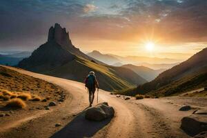 une homme en marchant sur une route dans le montagnes. généré par ai photo