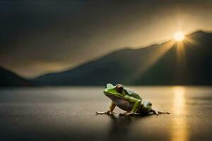 une grenouille séance sur le sol dans de face de une lac. généré par ai photo