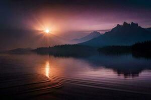 le Soleil monte plus de une Montagne intervalle et lac. généré par ai photo