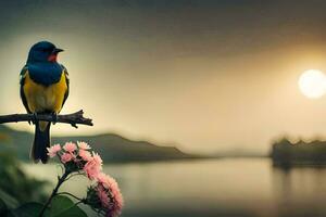une coloré oiseau est assis sur une branche près une lac. généré par ai photo