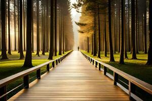 une longue en bois passerelle dans le milieu de une forêt. généré par ai photo