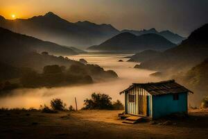 le lever du soleil plus de le montagnes. généré par ai photo