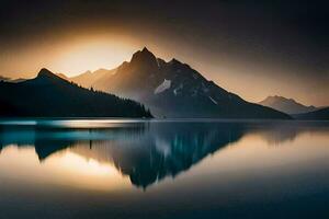 le Soleil monte plus de une Montagne intervalle réfléchi dans une lac. généré par ai photo